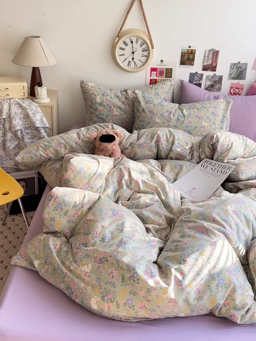 91家纺网 家纺一手货源 找家纺 韩巢家纺 2025新款水洗棉印花被套床单四件套学生宿舍床上三件套 -提供卖家秀 丝带飞飞兔