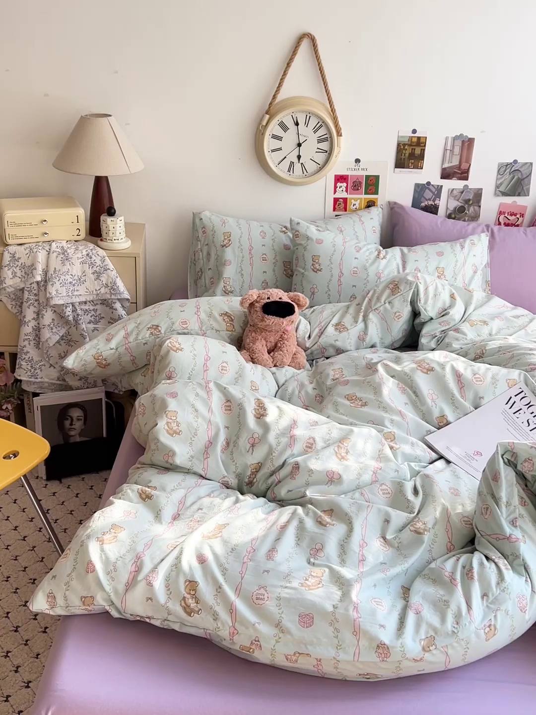 91家纺网 家纺一手货源 找家纺 韩巢家纺 2025新款水洗棉印花被套床单四件套学生宿舍床上三件套 -提供卖家秀 礼物小熊