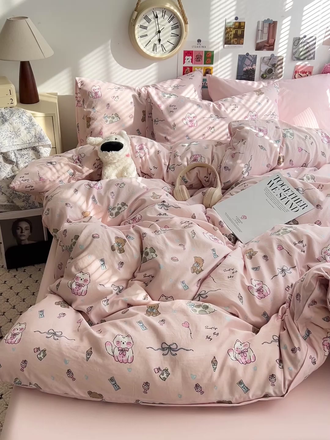 91家纺网 家纺一手货源 找家纺 韩巢家纺 2025新款水洗棉印花被套床单四件套学生宿舍床上三件套 -提供卖家秀 小猫线球