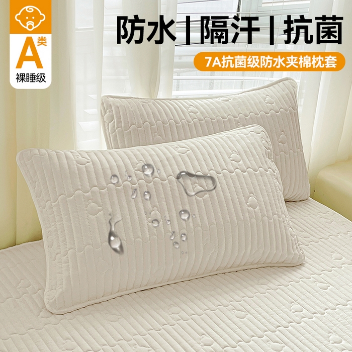 雯豆家纺 2025新品夹棉防水放污枕套枕芯保护套一对装单只枕皮 洛川-月光白