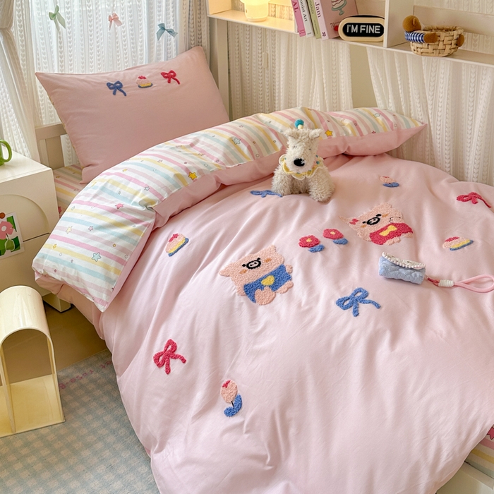 91家纺网 家纺一手货源 找家纺 如意朵 2025新款全棉小清新绣花学生季三四件套 诸事顺意