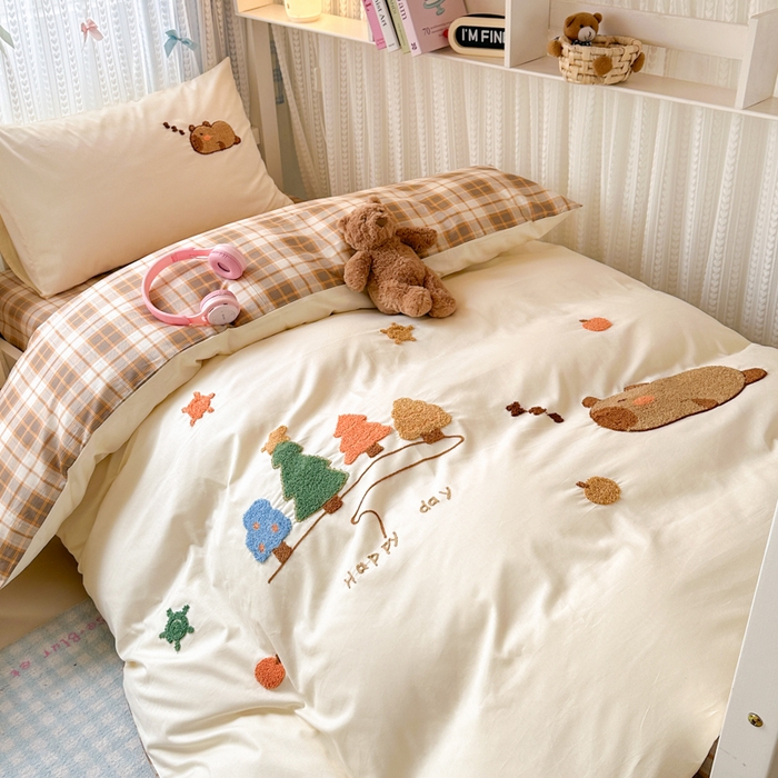 91家纺网 家纺一手货源 找家纺 如意朵 2025新款全棉小清新绣花学生季三四件套 可爱巴拉