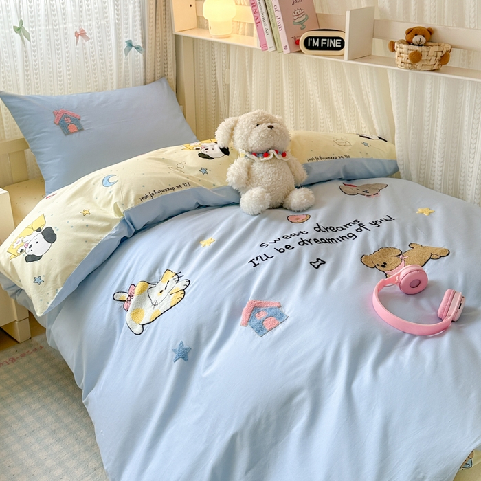 91家纺网 家纺一手货源 找家纺 如意朵 2025新款全棉小清新绣花学生季三四件套 萌宠乐园