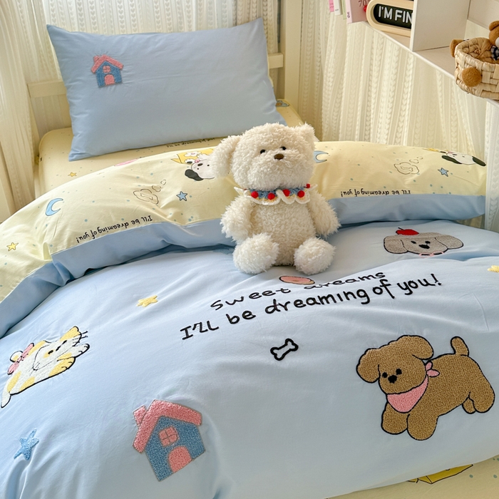 91家纺网 家纺一手货源 找家纺 如意朵 2025新款全棉小清新绣花学生季三四件套 萌宠乐园