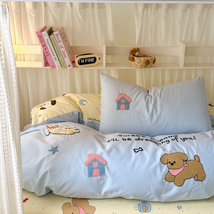 91家纺网 家纺一手货源 找家纺 如意朵 2025新款全棉小清新绣花学生季三四件套 萌宠乐园