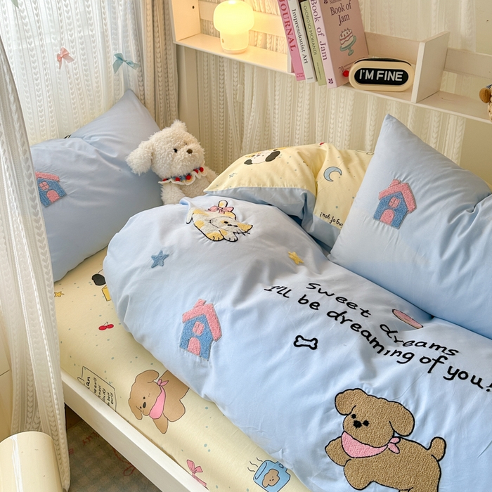 91家纺网 家纺一手货源 找家纺 如意朵 2025新款全棉小清新绣花学生季三四件套 萌宠乐园