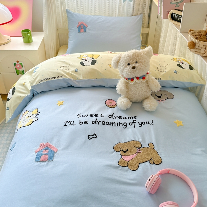 91家纺网 家纺一手货源 找家纺 如意朵 2025新款全棉小清新绣花学生季三四件套 萌宠乐园