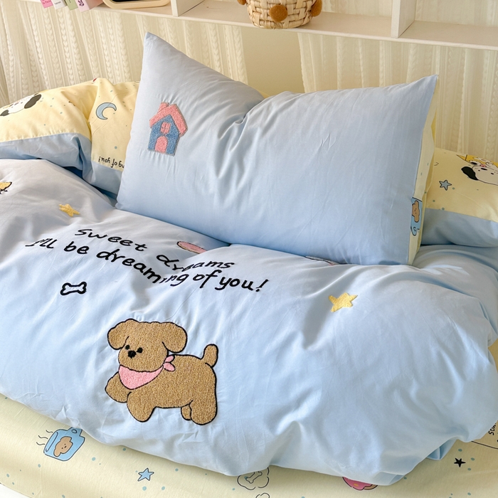 91家纺网 家纺一手货源 找家纺 如意朵 2025新款全棉小清新绣花学生季三四件套 萌宠乐园