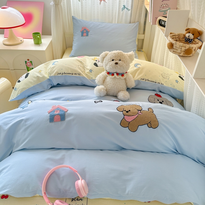 91家纺网 家纺一手货源 找家纺 如意朵 2025新款全棉小清新绣花学生季三四件套 萌宠乐园