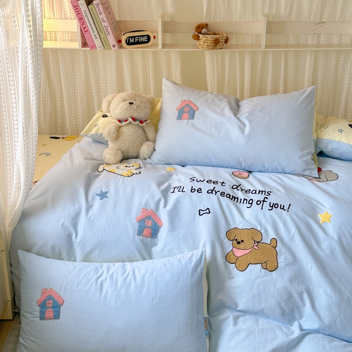 91家纺网 家纺一手货源 找家纺 如意朵 2025新款全棉小清新绣花学生季三四件套 萌宠乐园