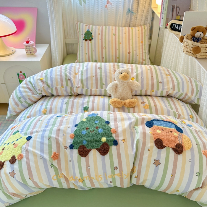 91家纺网 家纺一手货源 找家纺 如意朵 2025新款全棉小清新绣花学生季三四件套 彩色星星