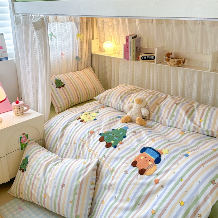 91家纺网 家纺一手货源 找家纺 如意朵 2025新款全棉小清新绣花学生季三四件套 彩色星星