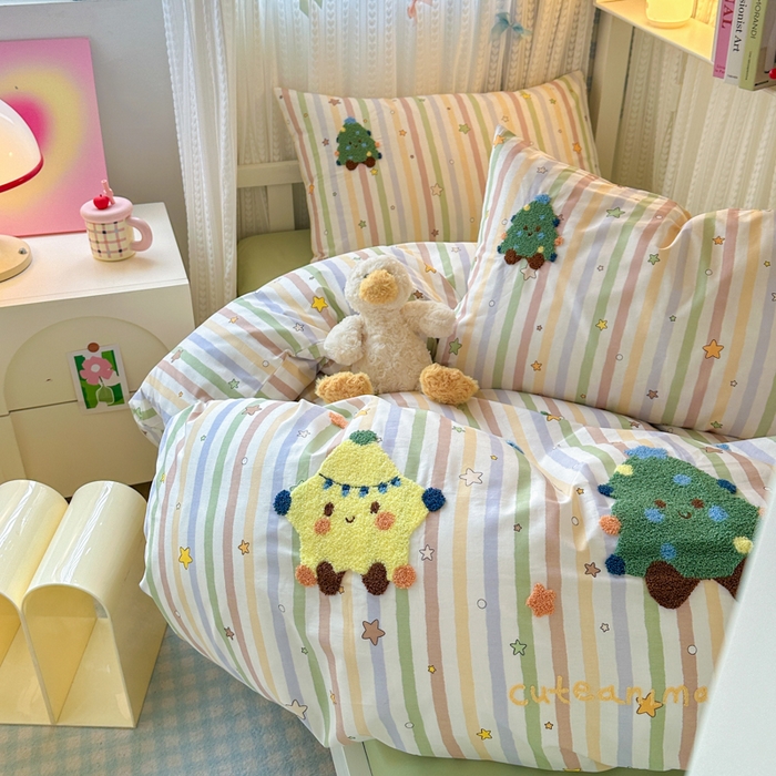 91家纺网 家纺一手货源 找家纺 如意朵 2025新款全棉小清新绣花学生季三四件套 彩色星星