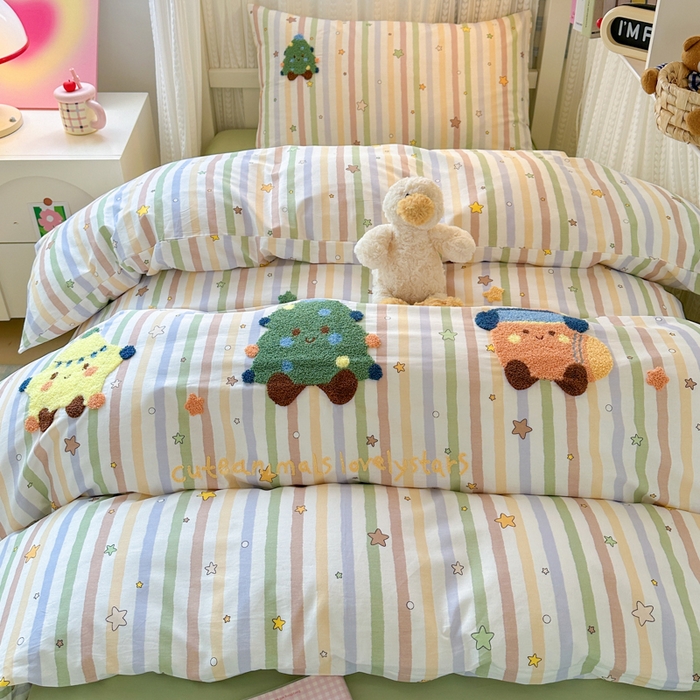 91家纺网 家纺一手货源 找家纺 如意朵 2025新款全棉小清新绣花学生季三四件套 彩色星星