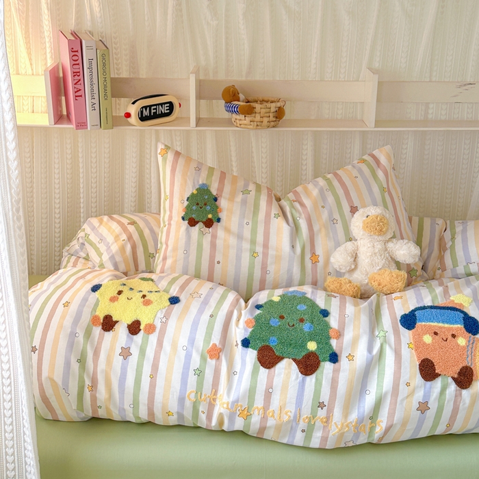 91家纺网 家纺一手货源 找家纺 如意朵 2025新款全棉小清新绣花学生季三四件套 彩色星星