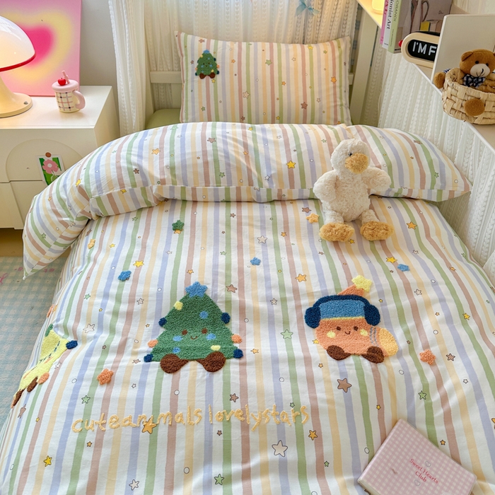 91家纺网 家纺一手货源 找家纺 如意朵 2025新款全棉小清新绣花学生季三四件套 彩色星星