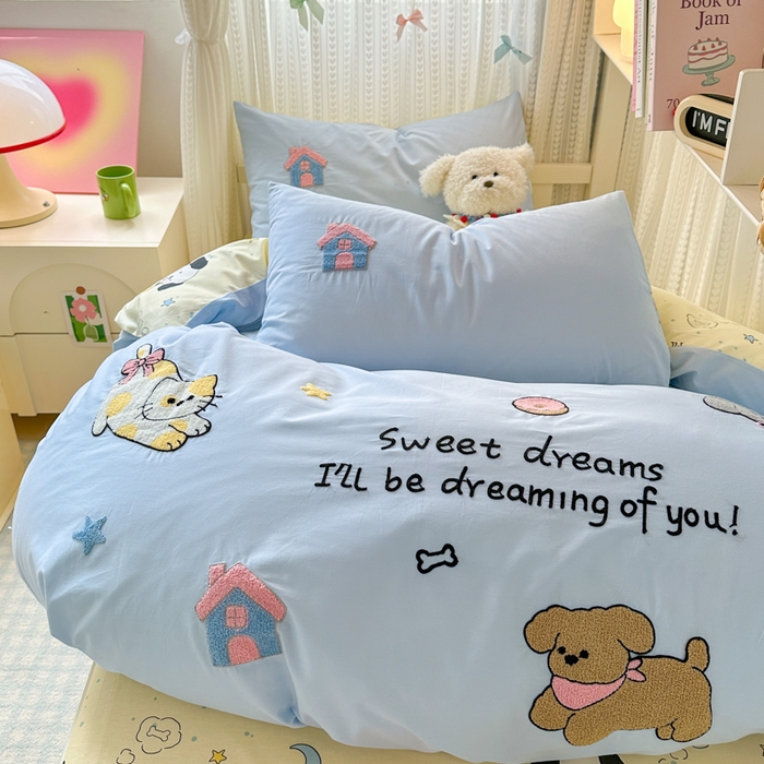 91家纺网 家纺一手货源 找家纺 如意朵 2025新款全棉小清新绣花学生季三四件套 萌宠乐园