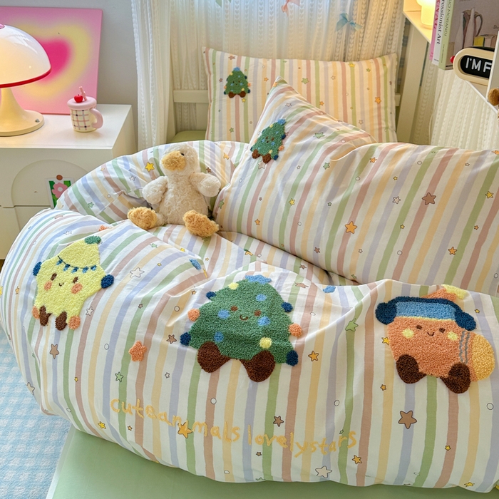 91家纺网 家纺一手货源 找家纺 如意朵 2025新款全棉小清新绣花学生季三四件套 彩色星星