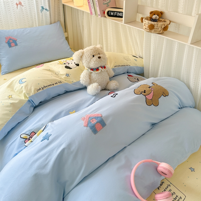 91家纺网 家纺一手货源 找家纺 如意朵 2025新款全棉小清新绣花学生季三四件套 萌宠乐园