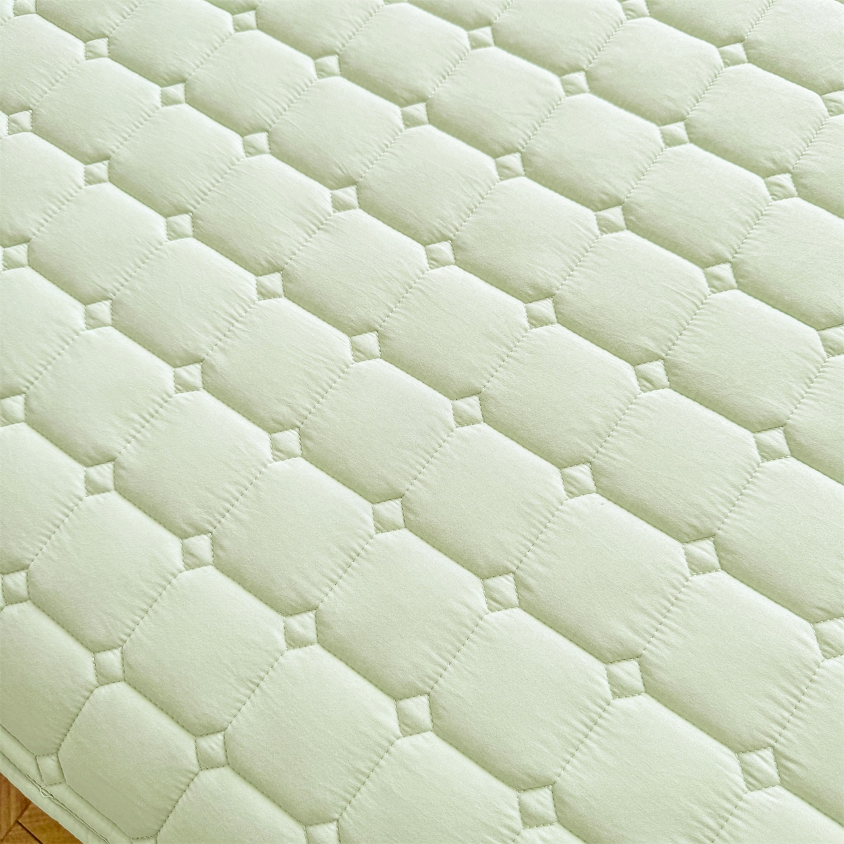 91家纺网 家纺一手货源 找家纺 雯豆家纺 2025新品刺绣款毛巾绣夹棉床笠三件套纯色素色床护垫保护套 叮当狗-清雅绿