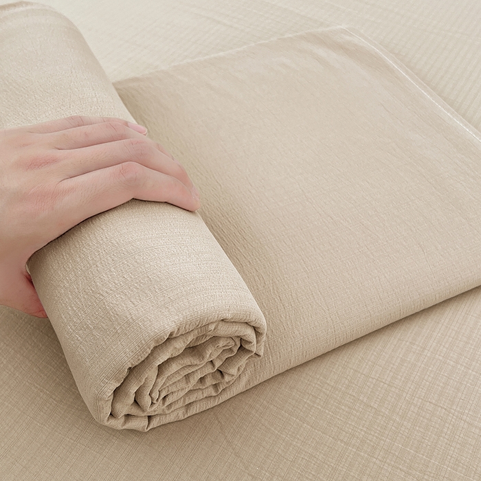 91家纺网 家纺一手货源 找家纺 彩韵家纺 2025新款木m双层纱床单 浅卡其