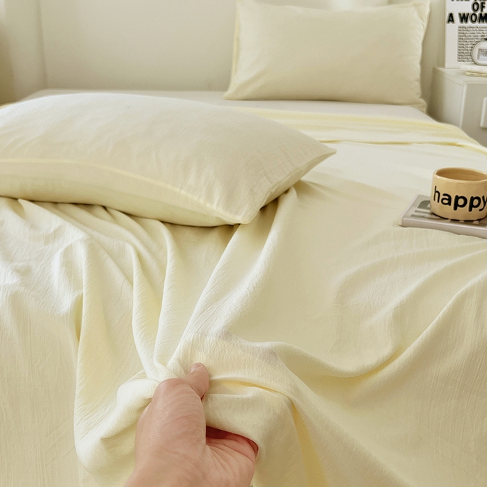 91家纺网 家纺一手货源 找家纺 彩韵家纺 2025新款木m双层纱床单 月牙黄