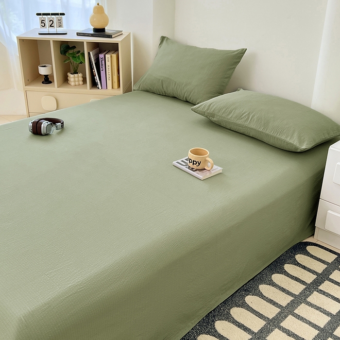 91家纺网 家纺一手货源 找家纺 彩韵家纺 2025新款木m双层纱床单 抹茶绿