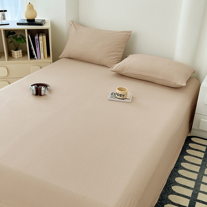 91家纺网 家纺一手货源 找家纺 彩韵家纺 2025新款木m双层纱床单 浅卡其