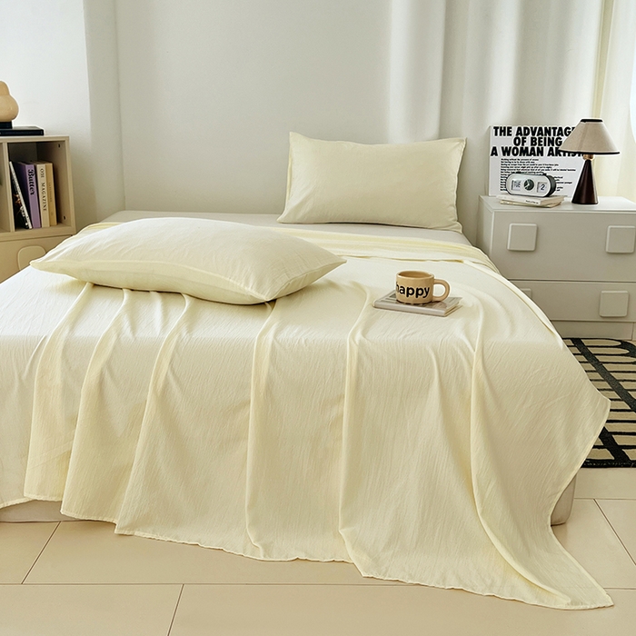 91家纺网 家纺一手货源 找家纺 彩韵家纺 2025新款木m双层纱床单 月牙黄