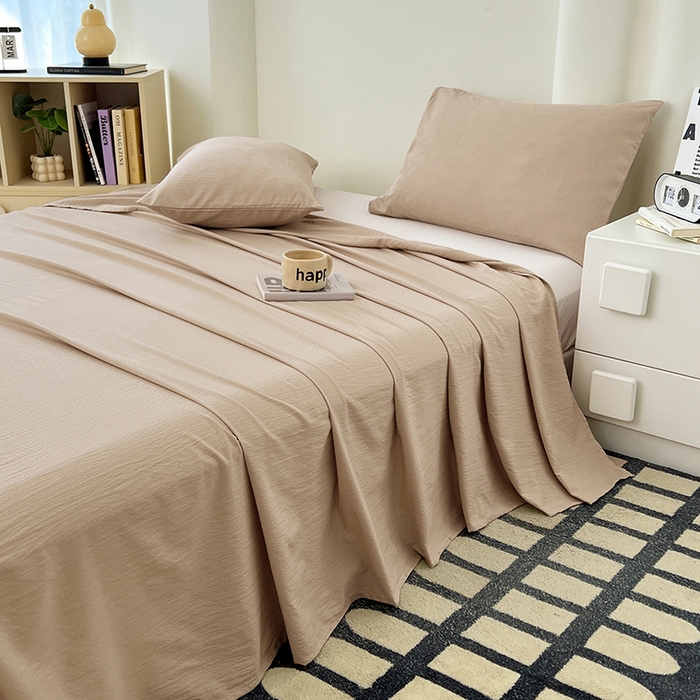 91家纺网 家纺一手货源 找家纺 彩韵家纺 2025新款木m双层纱床单 浅卡其