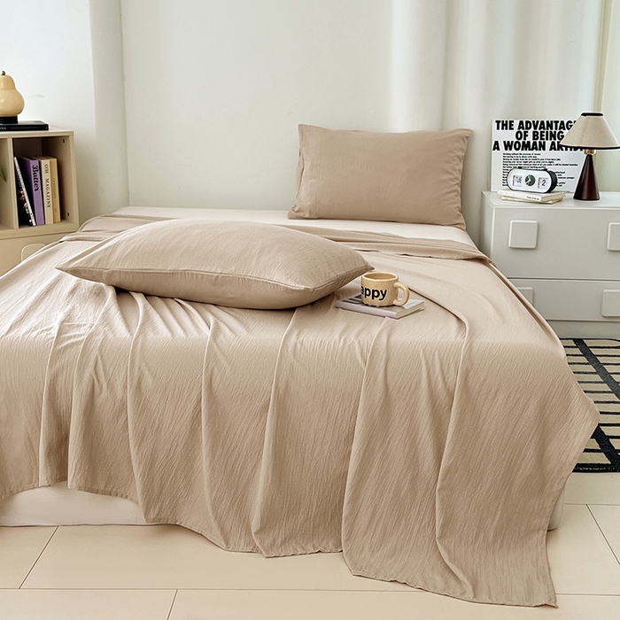 91家纺网 家纺一手货源 找家纺 彩韵家纺 2025新款木m双层纱床单 浅卡其