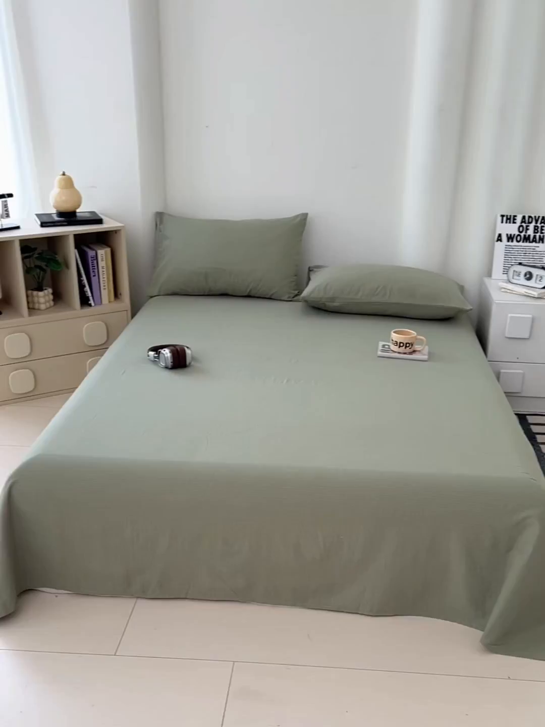 91家纺网 家纺一手货源 找家纺 彩韵家纺 2025新款木m双层纱床单 抹茶绿