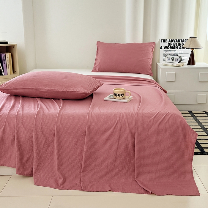 91家纺网 家纺一手货源 找家纺 彩韵家纺 2025新款木m双层纱床单 珊瑚红