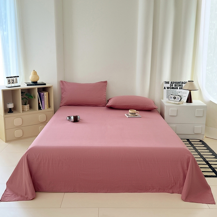 91家纺网 家纺一手货源 找家纺 彩韵家纺 2025新款木m双层纱床单 珊瑚红