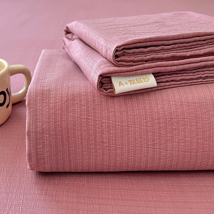 彩韵家纺 2025新款木m双层纱床单 珊瑚红