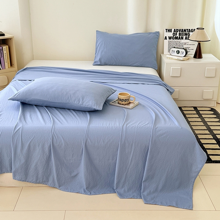 91家纺网 家纺一手货源 找家纺 彩韵家纺 2025新款木m双层纱床单 海洋蓝