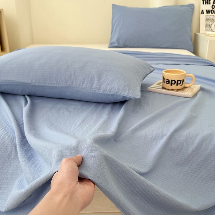 91家纺网 家纺一手货源 找家纺 彩韵家纺 2025新款木m双层纱床单 海洋蓝