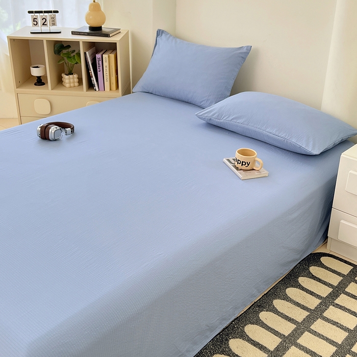 91家纺网 家纺一手货源 找家纺 彩韵家纺 2025新款木m双层纱床单 海洋蓝