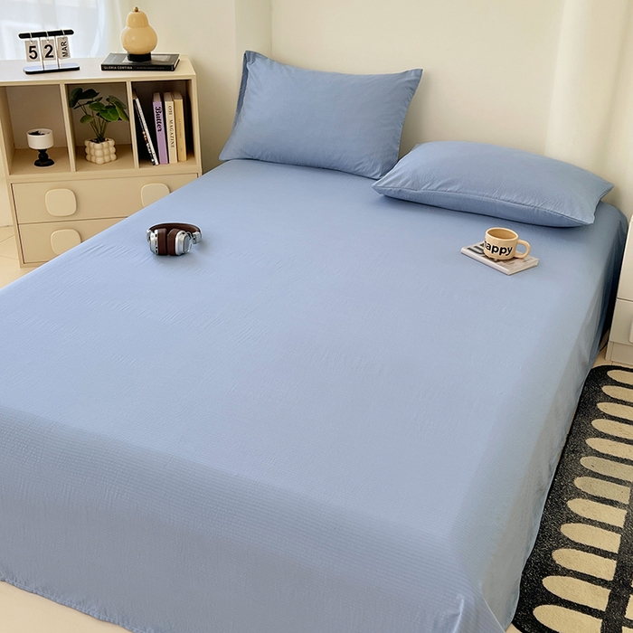 91家纺网 家纺一手货源 找家纺 彩韵家纺 2025新款木m双层纱床单 海洋蓝