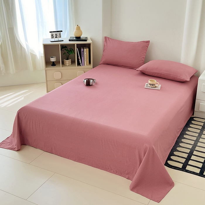 91家纺网 家纺一手货源 找家纺 彩韵家纺 2025新款木m双层纱床单 珊瑚红