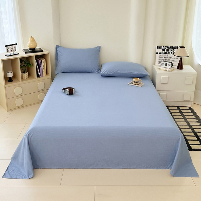 91家纺网 家纺一手货源 找家纺 彩韵家纺 2025新款木m双层纱床单 海洋蓝