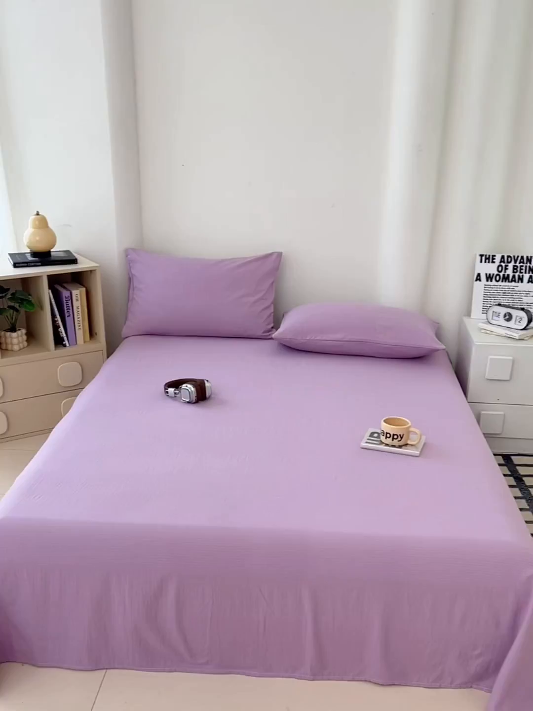 91家纺网 家纺一手货源 找家纺 彩韵家纺 2025新款木m双层纱床单 香芋紫