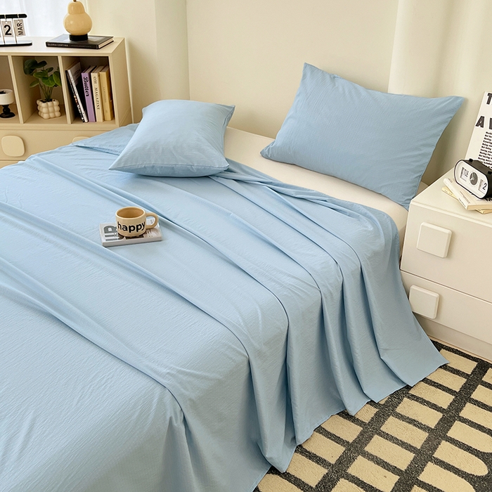 91家纺网 家纺一手货源 找家纺 彩韵家纺 2025新款木m双层纱床单 海盐蓝