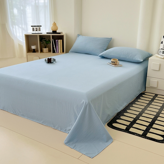 91家纺网 家纺一手货源 找家纺 彩韵家纺 2025新款木m双层纱床单 海盐蓝