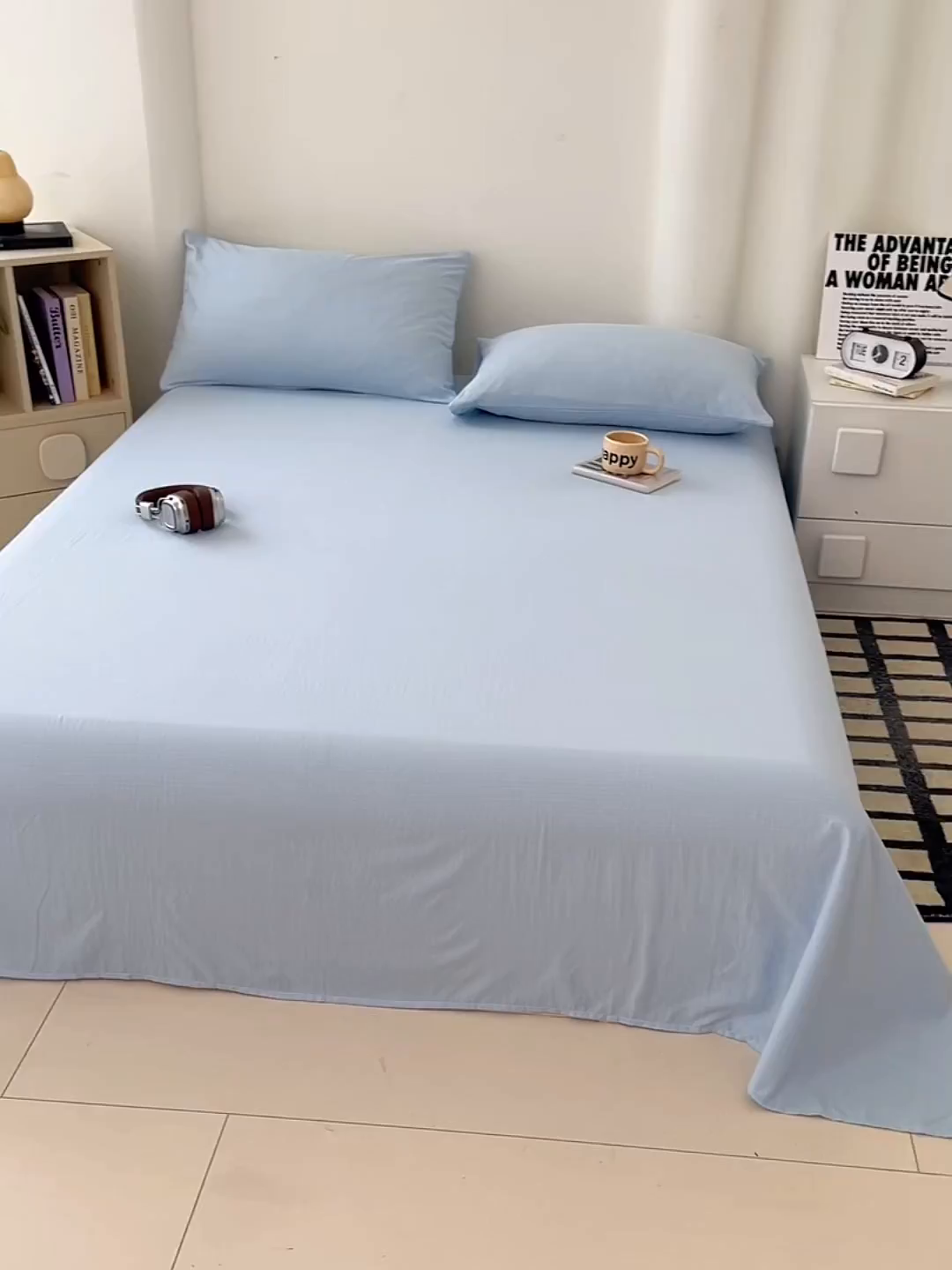 91家纺网 家纺一手货源 找家纺 彩韵家纺 2025新款木m双层纱床单 海盐蓝