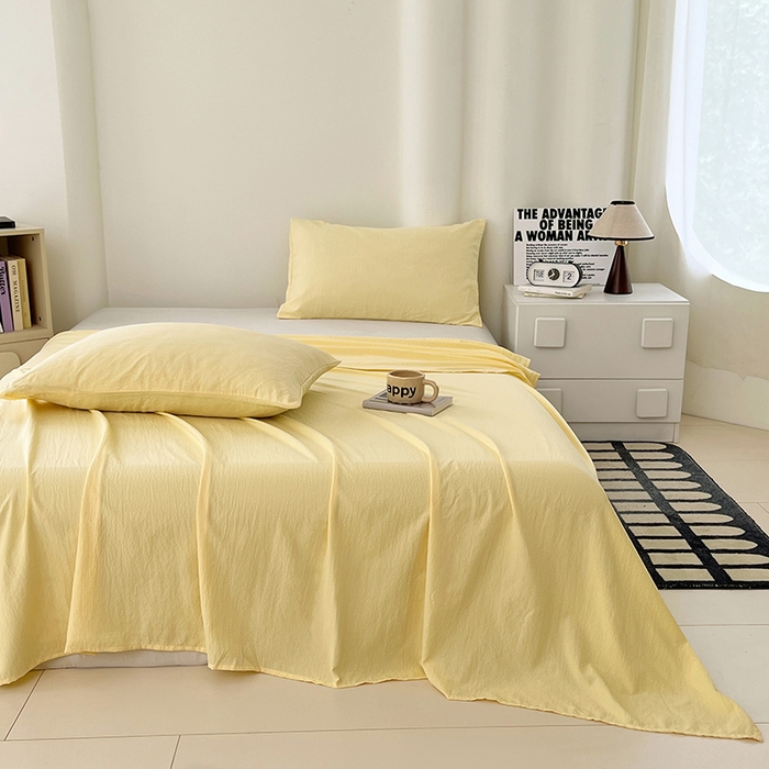 91家纺网 家纺一手货源 找家纺 彩韵家纺 2025新款木m双层纱床单 柠檬黄