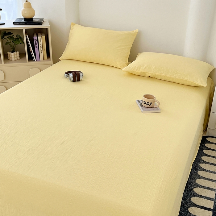 91家纺网 家纺一手货源 找家纺 彩韵家纺 2025新款木m双层纱床单 柠檬黄