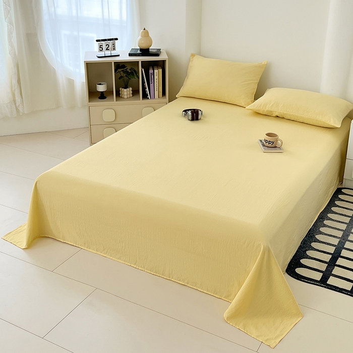 91家纺网 家纺一手货源 找家纺 彩韵家纺 2025新款木m双层纱床单 柠檬黄