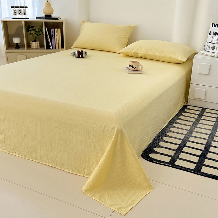 91家纺网 家纺一手货源 找家纺 彩韵家纺 2025新款木m双层纱床单 柠檬黄