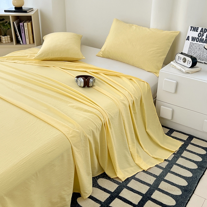 91家纺网 家纺一手货源 找家纺 彩韵家纺 2025新款木m双层纱床单 柠檬黄